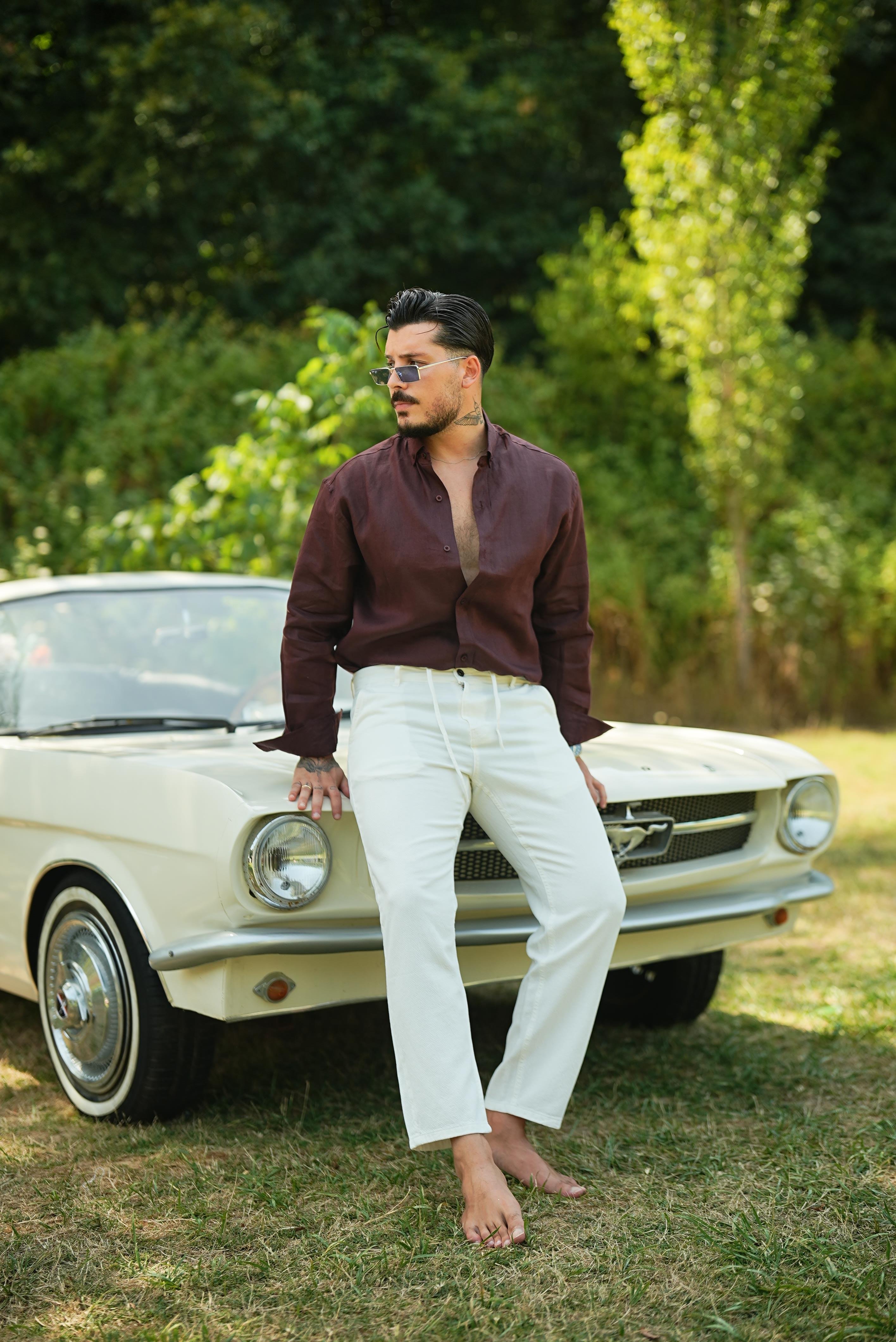 %100 Linen Oversize Gömlek Bordo