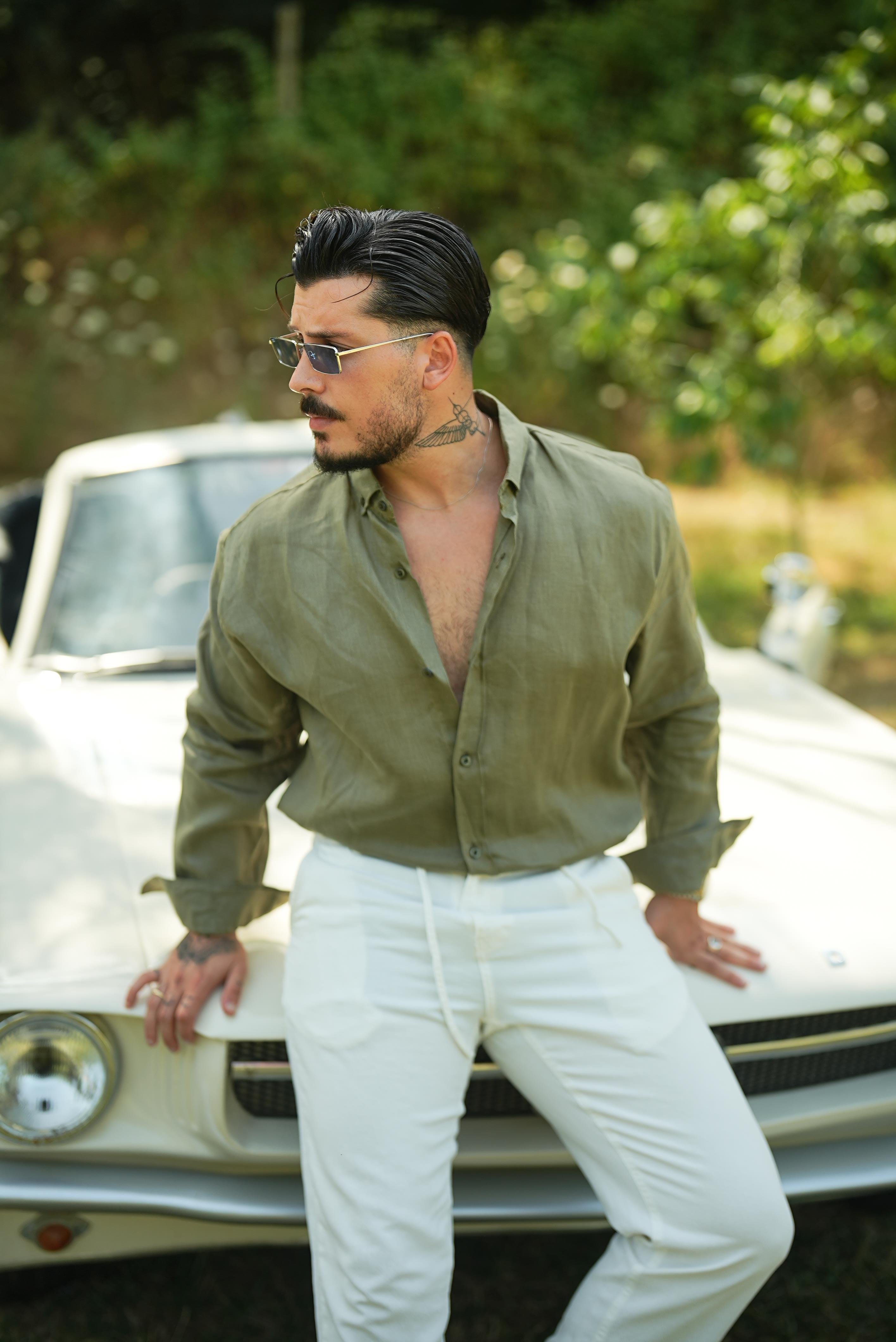 %100 Linen Oversize Gömlek Haki