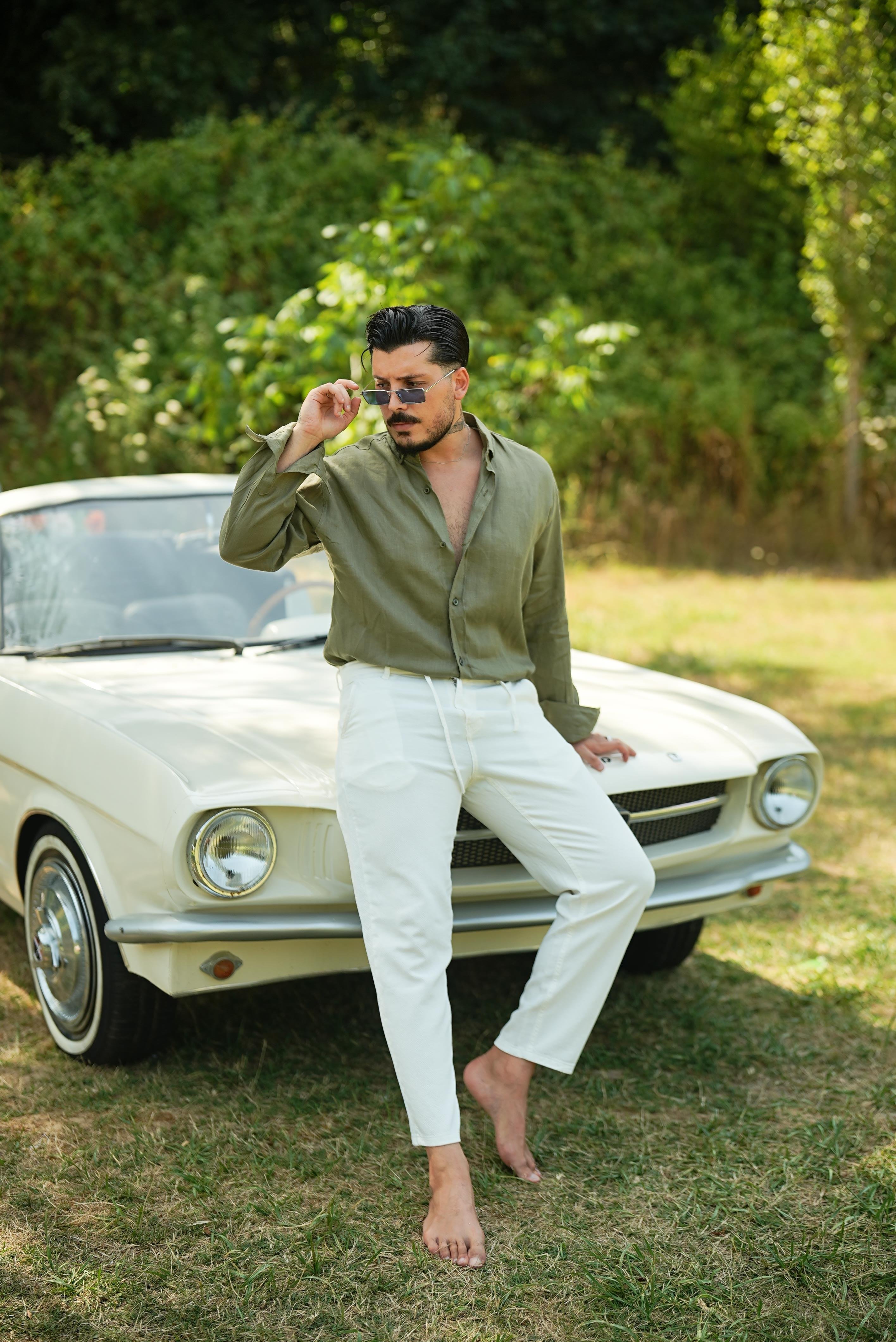 %100 Linen Oversize Gömlek Haki