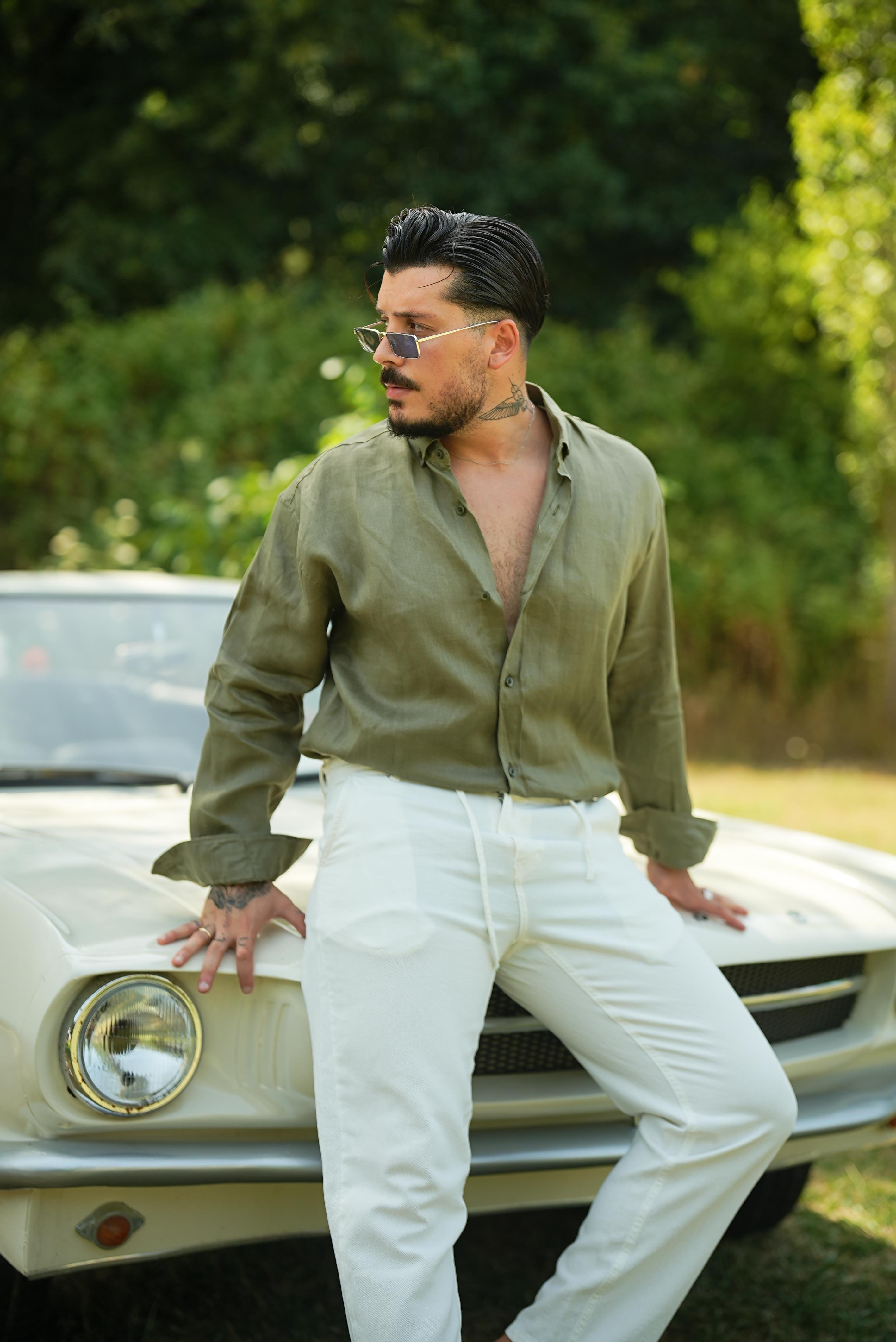 %100 Linen Oversize Gömlek Haki