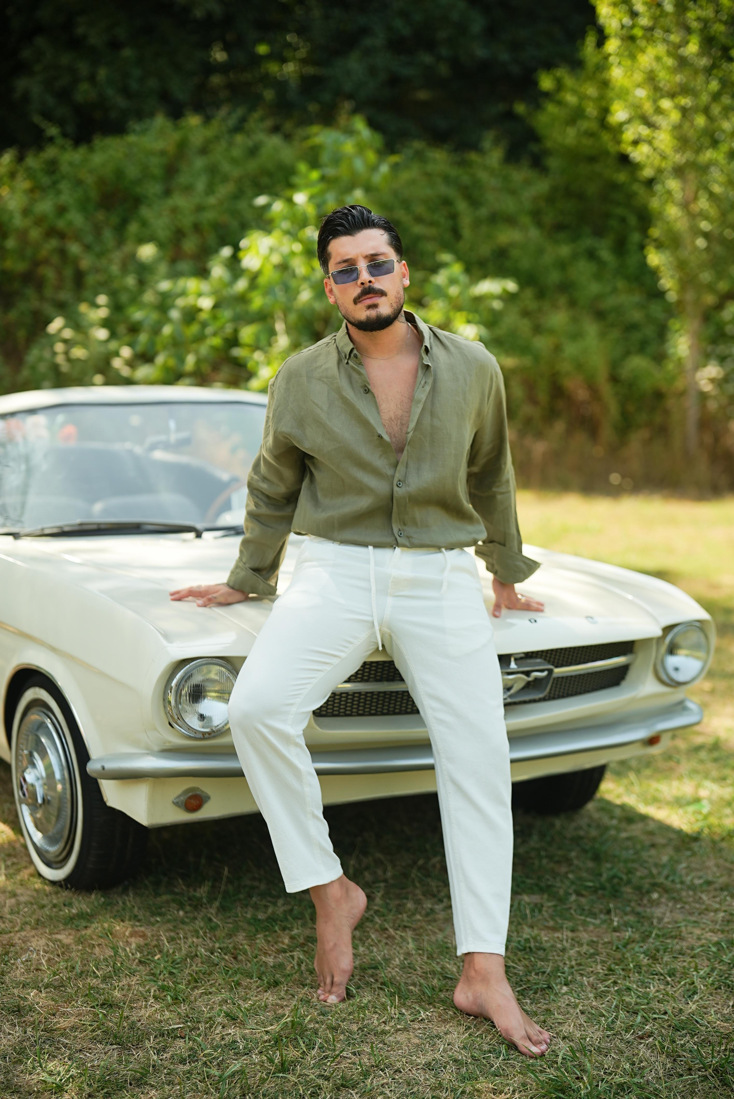 %100 Linen Oversize Gömlek Haki