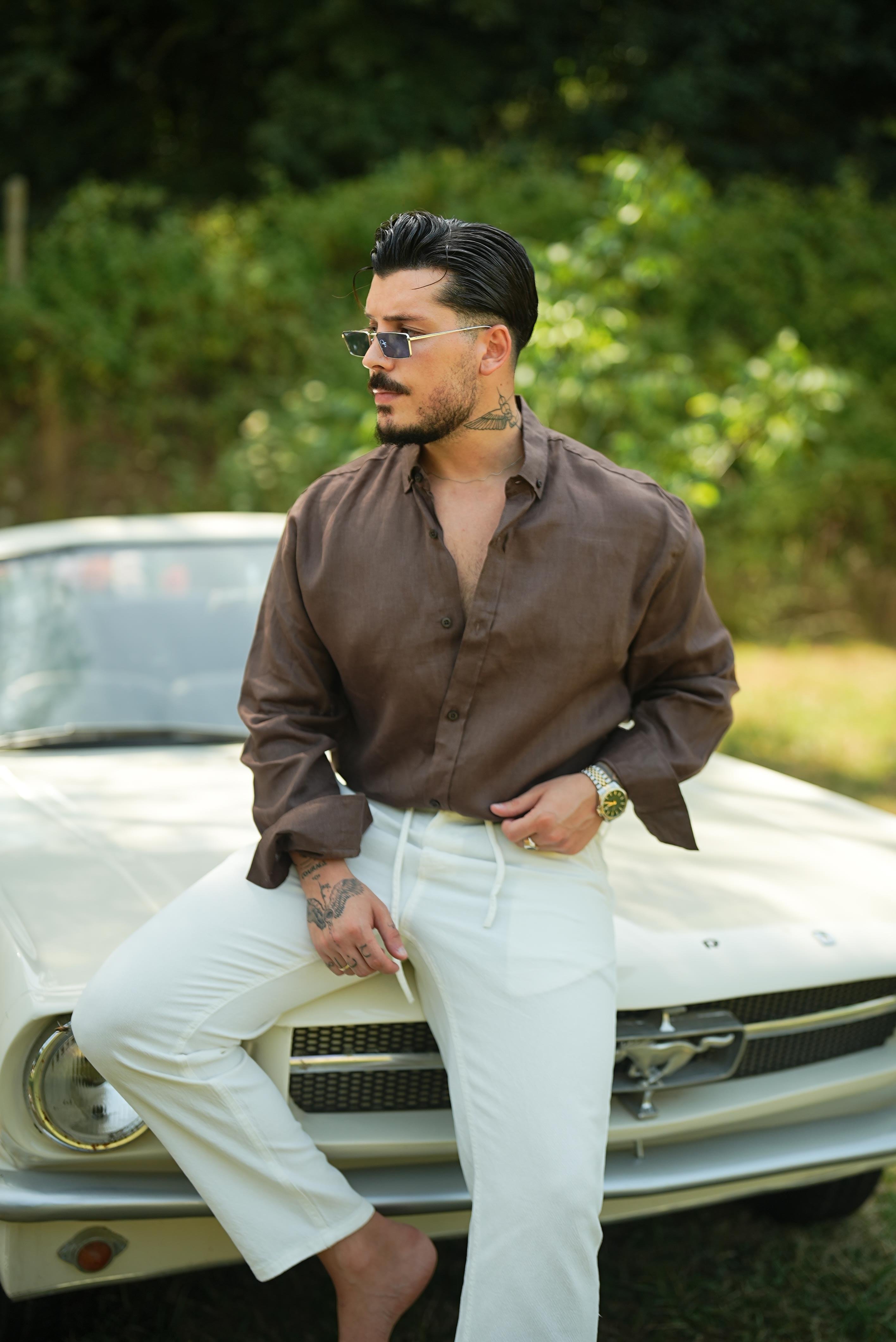 %100 Linen Oversize Gömlek Kahve