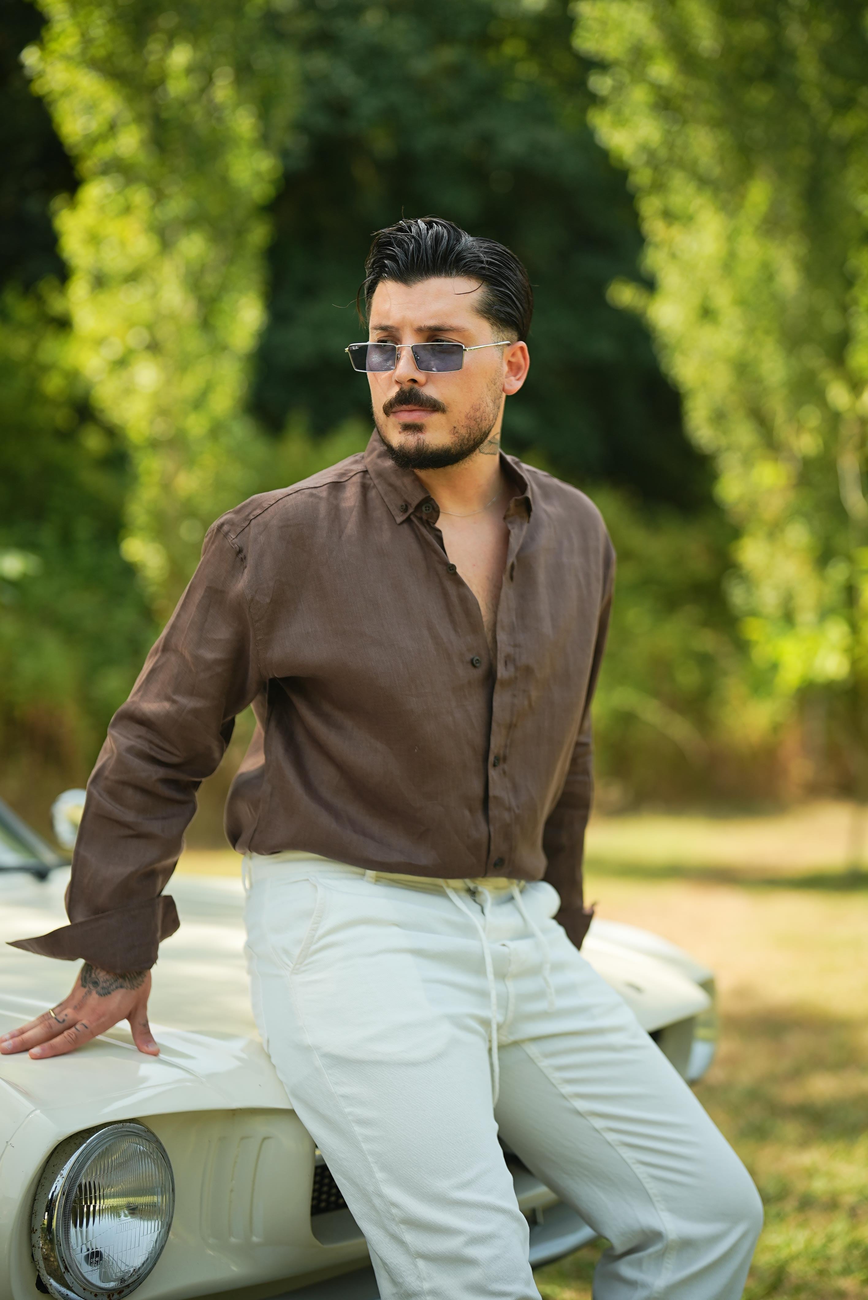 %100 Linen Oversize Gömlek Kahve
