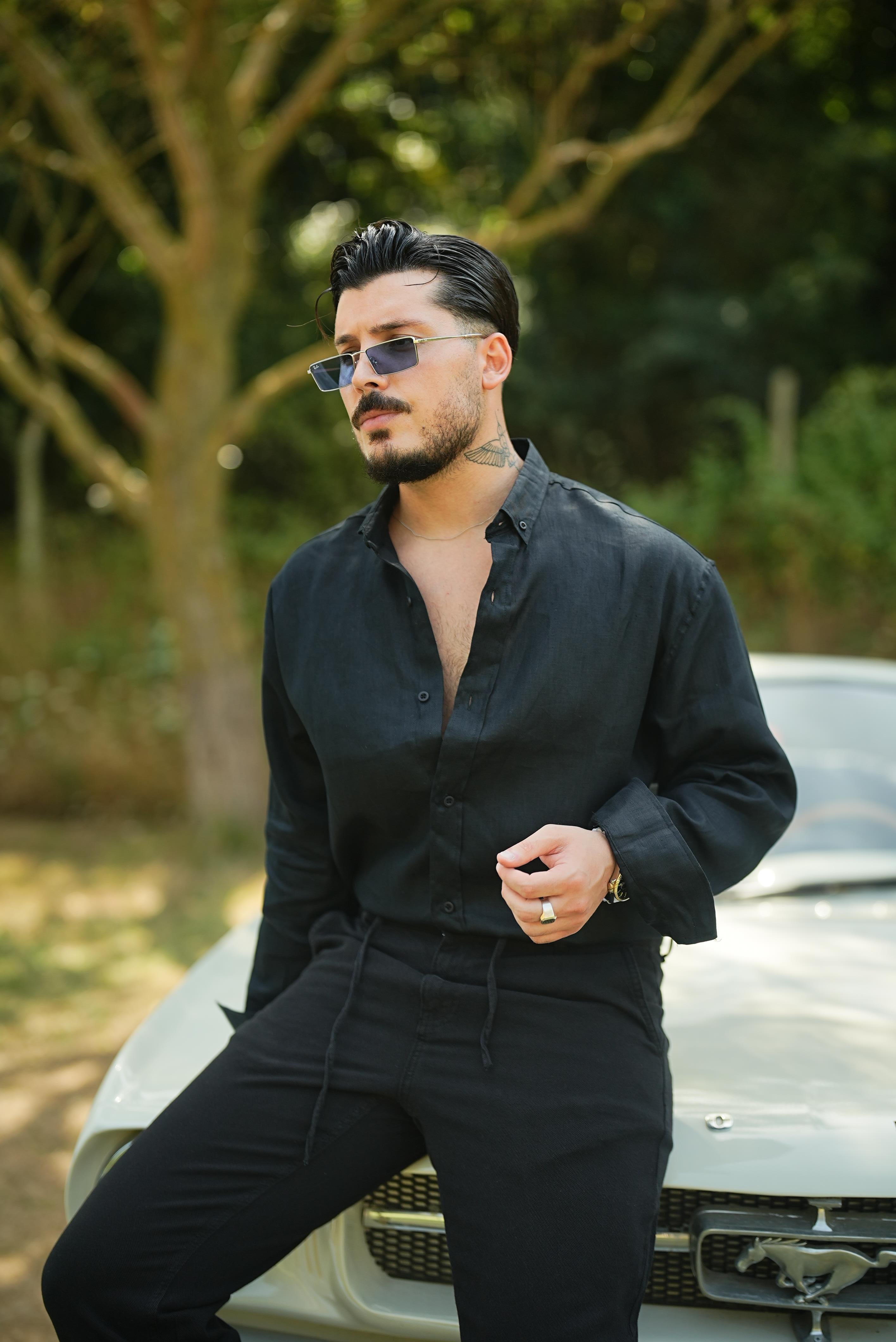 %100 Linen Oversize Gömlek Siyah