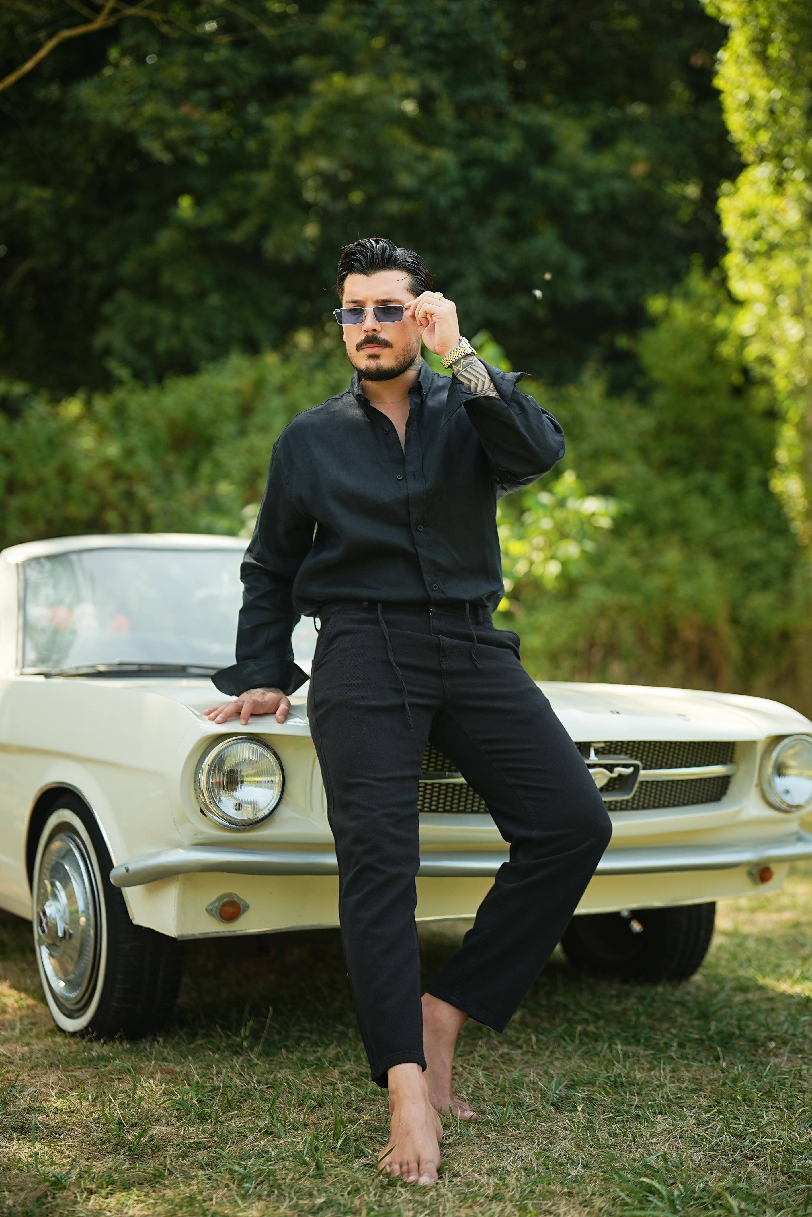 %100 Linen Oversize Gömlek Siyah
