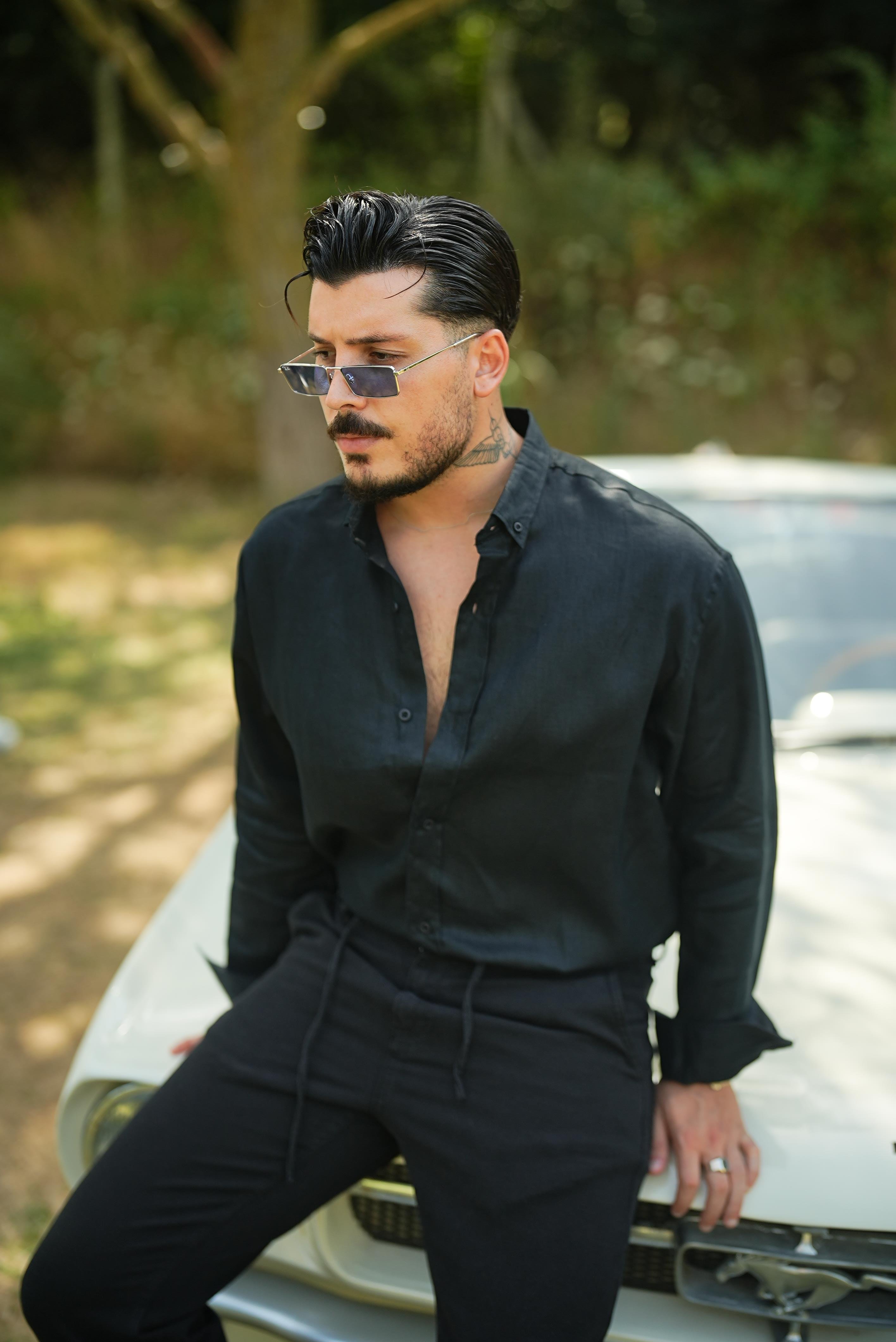 %100 Linen Oversize Gömlek Siyah