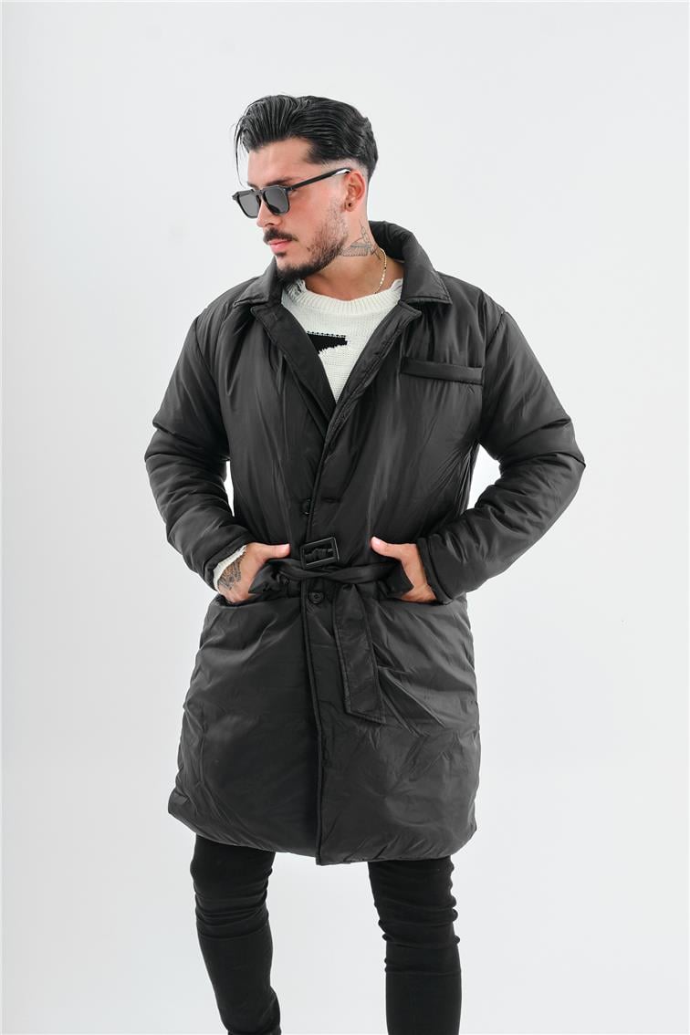 3 Cepli Kemerli Oversize  Şişme Trençkot Siyah