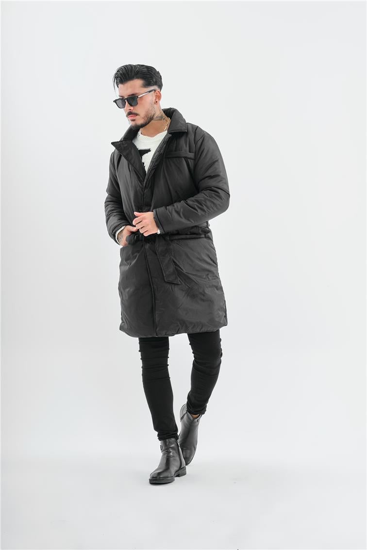 3 Cepli Kemerli Oversize  Şişme Trençkot Siyah