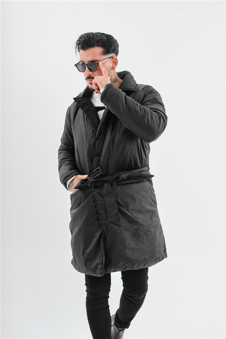 3 Cepli Kemerli Oversize  Şişme Trençkot Siyah