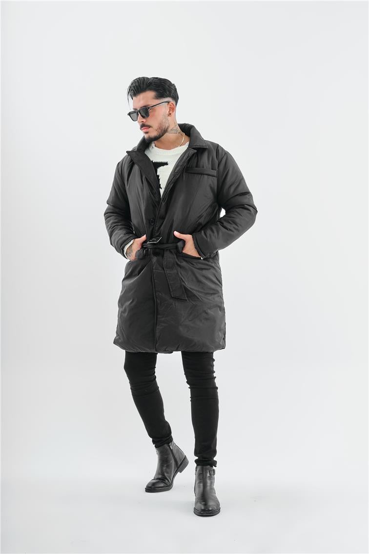 3 Cepli Kemerli Oversize  Şişme Trençkot Siyah