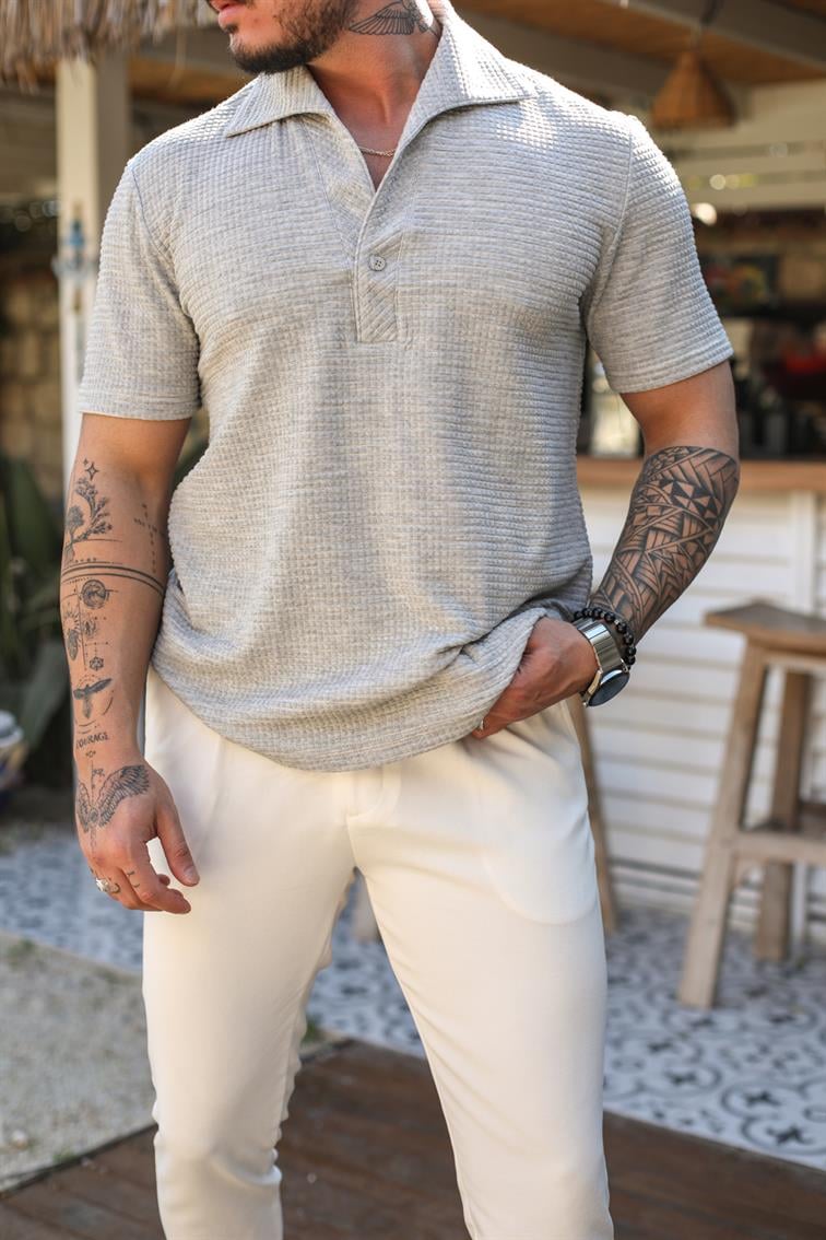 Açık Yaka Detaylı Regular Fıt T-Shirt Gri