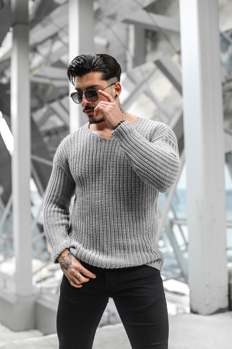 Açık Yaka Geniş Örme Oversize Kazak