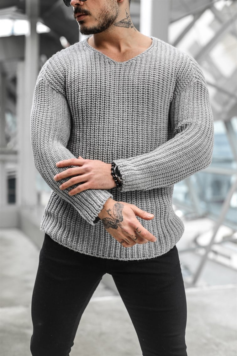 Açık Yaka Geniş Örme Oversize Kazak