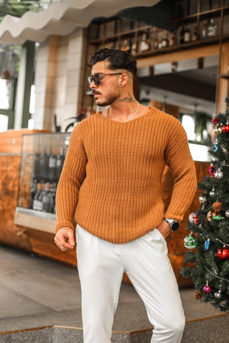 Açık Yaka Geniş Örme Oversize Kazak