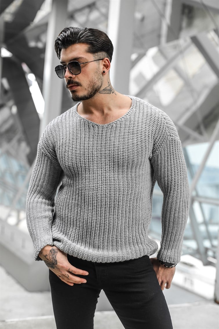 Açık Yaka Geniş Örme Oversize Kazak