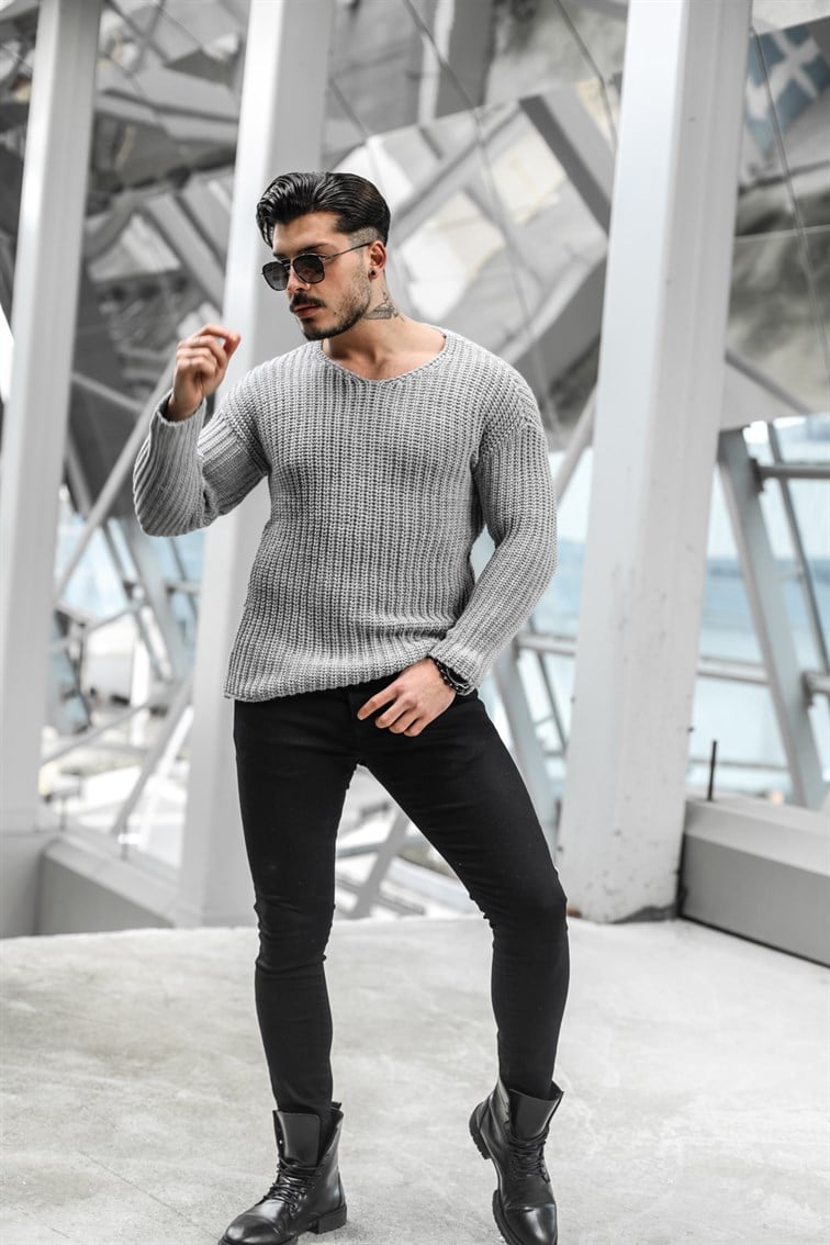Açık Yaka Geniş Örme Oversize Kazak