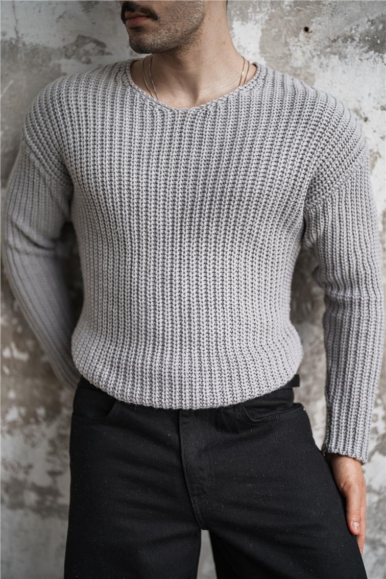 Açık Yaka Geniş Örme Oversize Kazak Gri