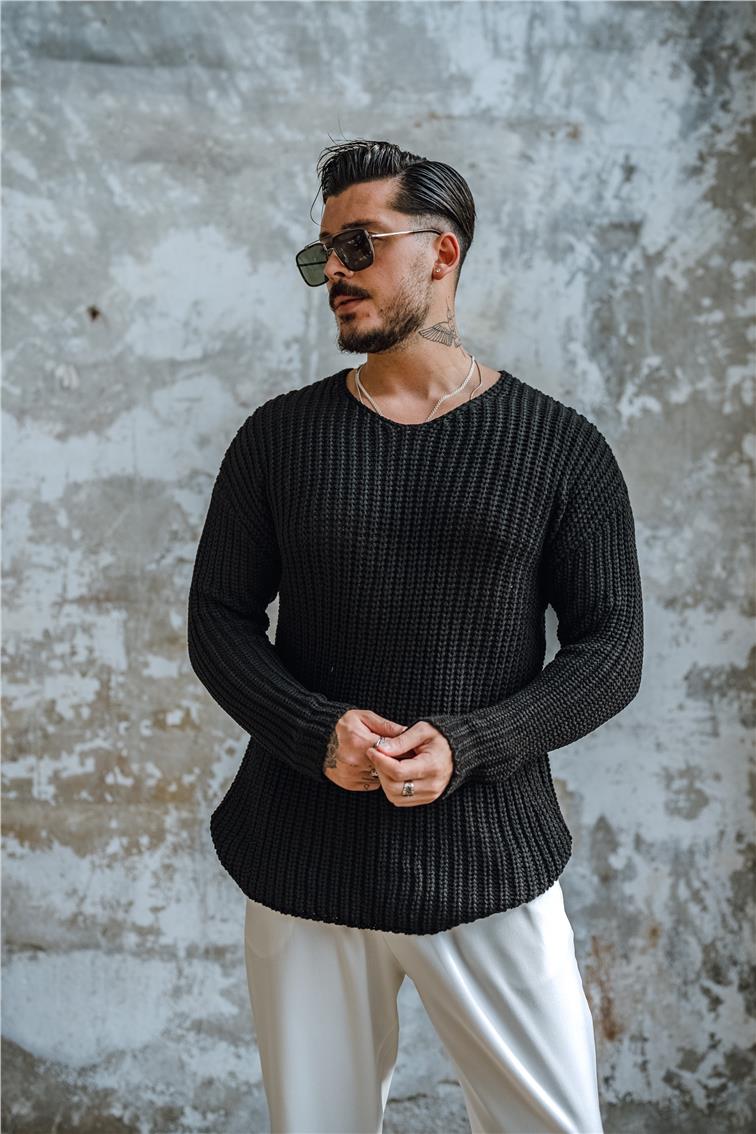 Açık Yaka Geniş Örme Oversize Kazak Siyah