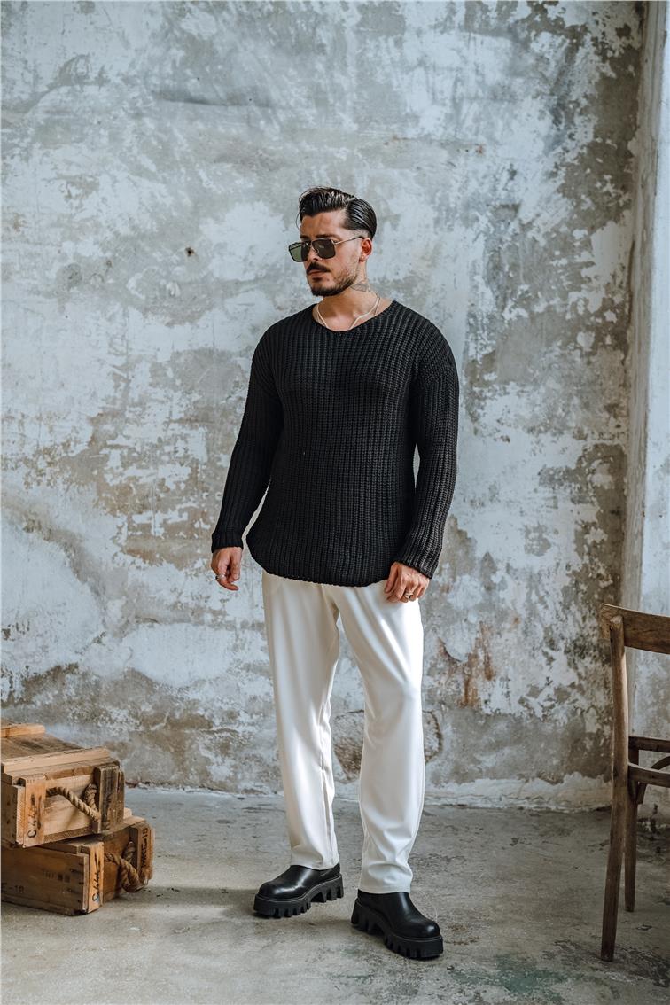 Açık Yaka Geniş Örme Oversize Kazak Siyah