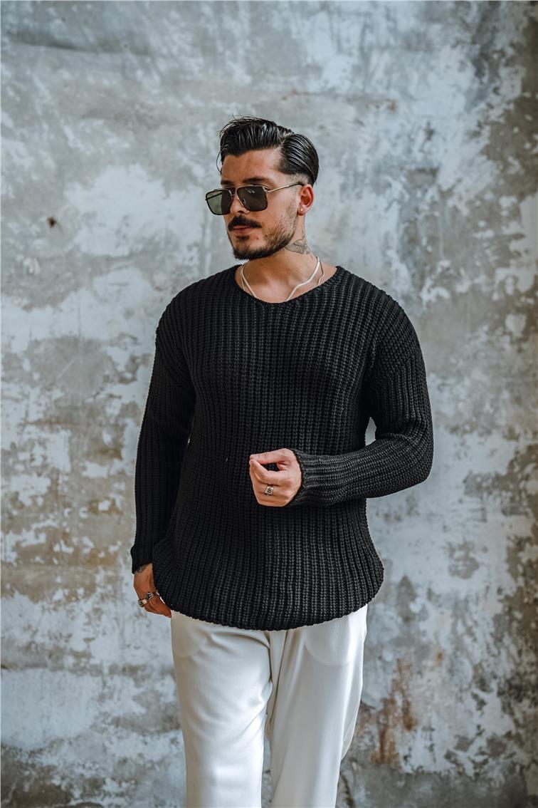 Açık Yaka Geniş Örme Oversize Kazak Siyah