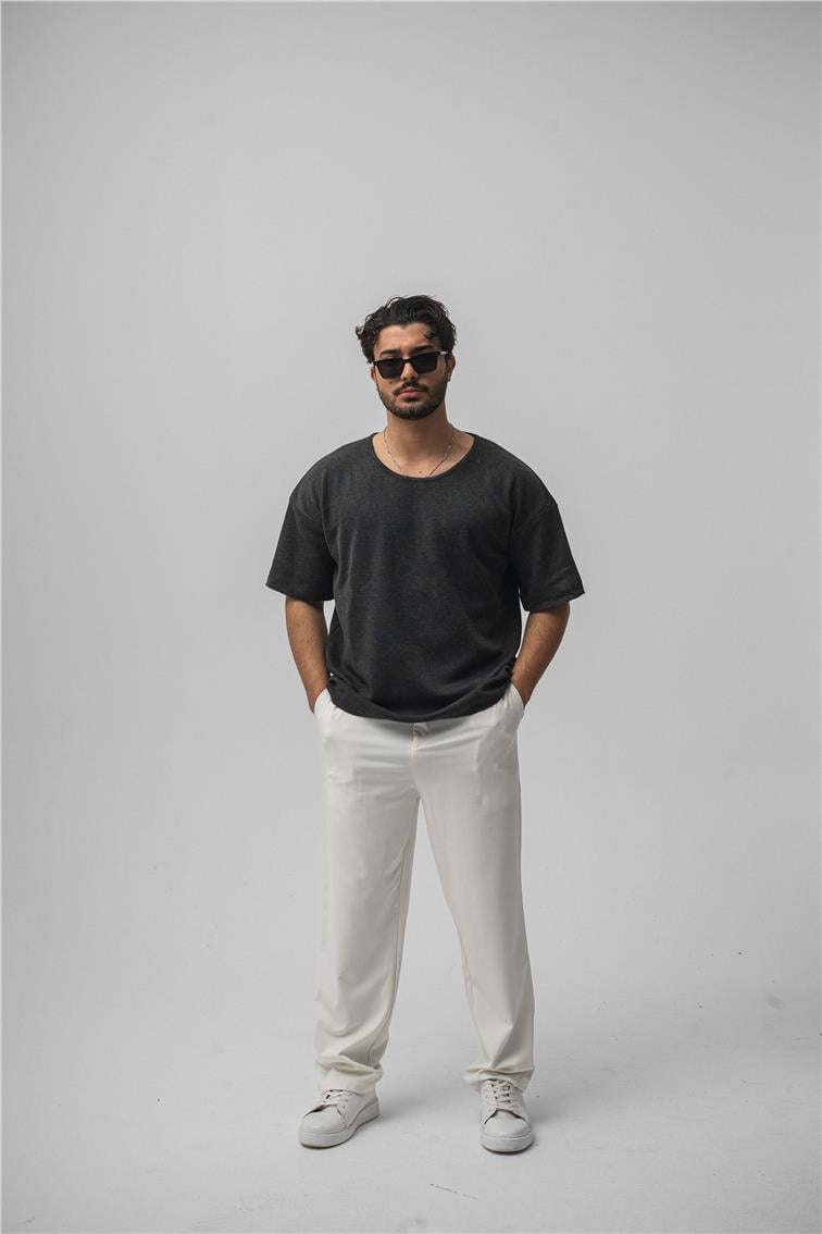 Açık Yaka Oversize T-Shirt Antrasit