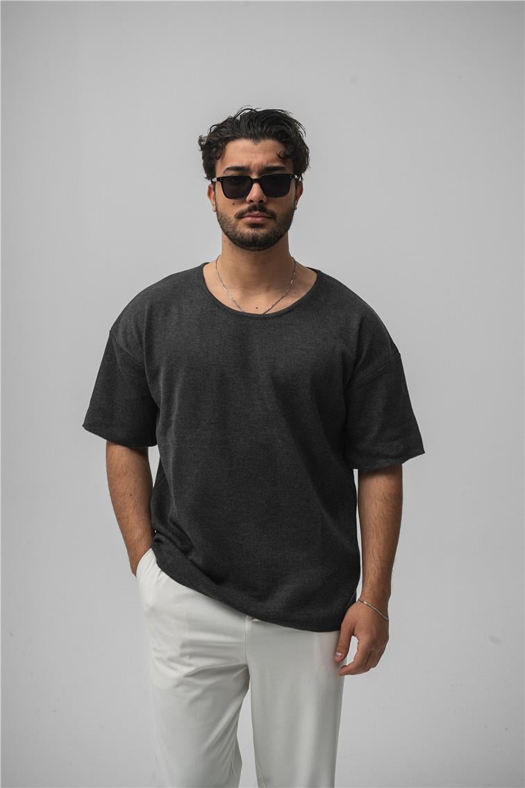 Açık Yaka Oversize T-Shirt Antrasit
