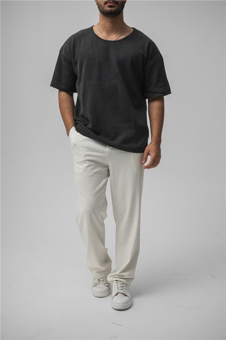 Açık Yaka Oversize T-Shirt Antrasit