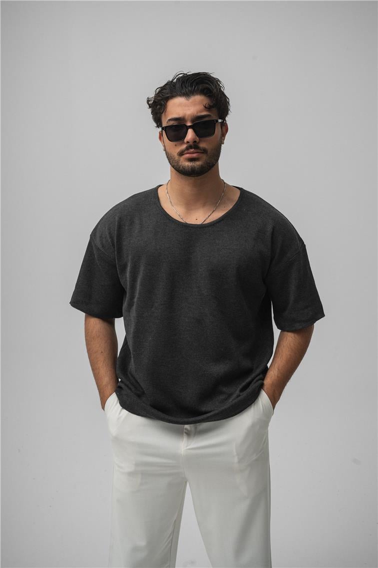 Açık Yaka Oversize T-Shirt Antrasit