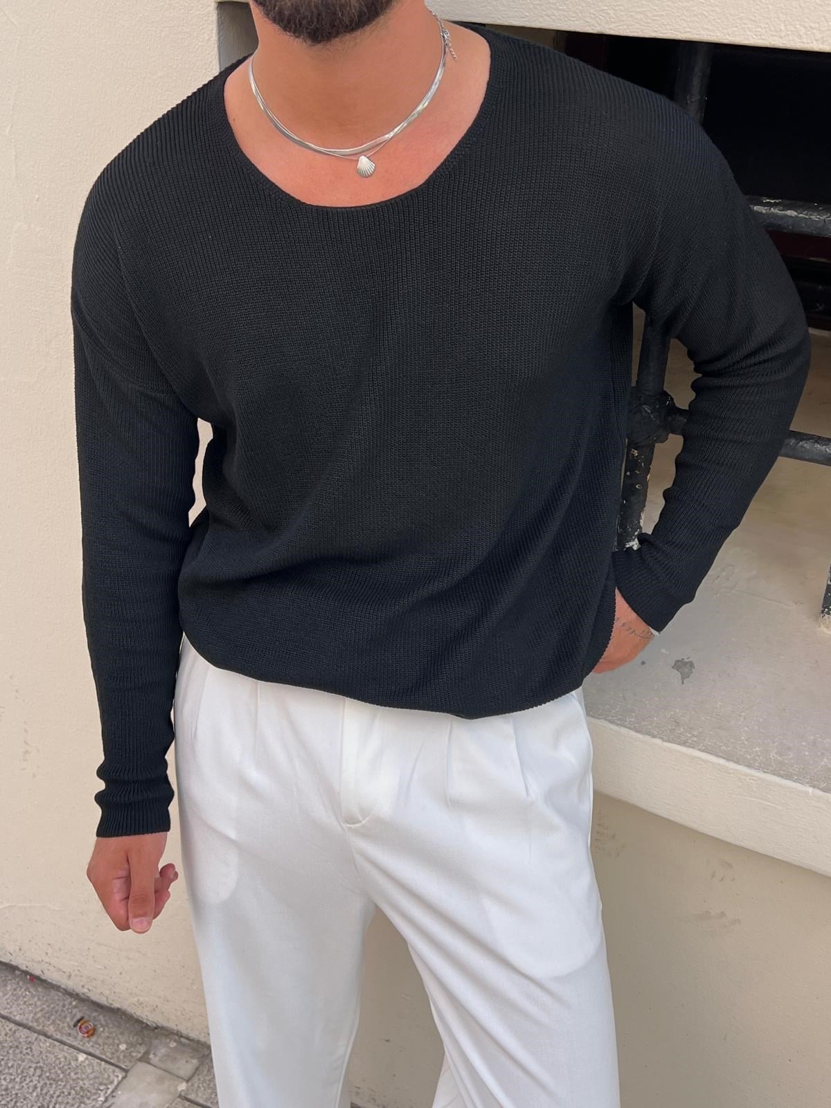 Açık Yaka Oversize Triko Siyah