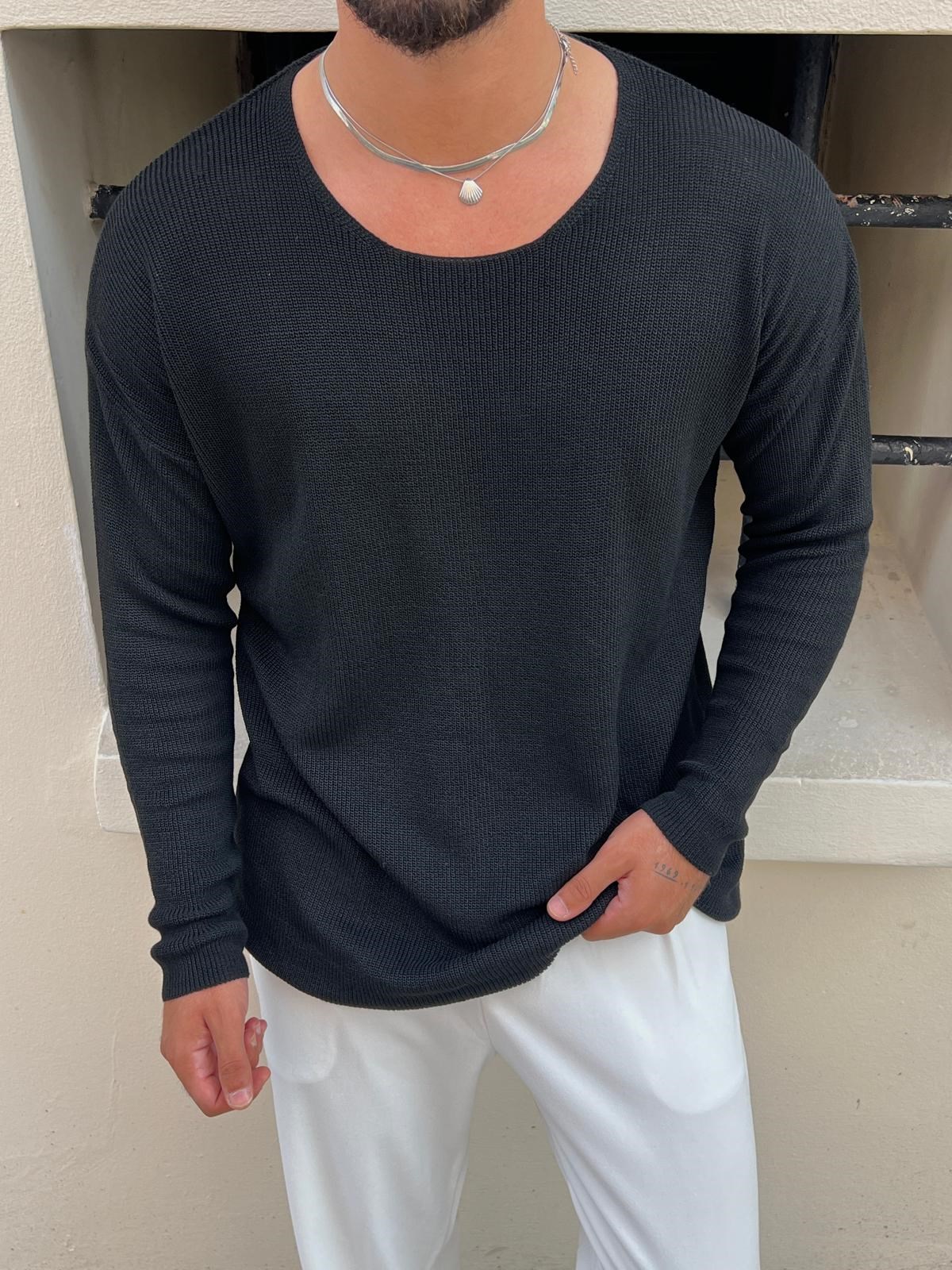 Açık Yaka Oversize Triko Siyah