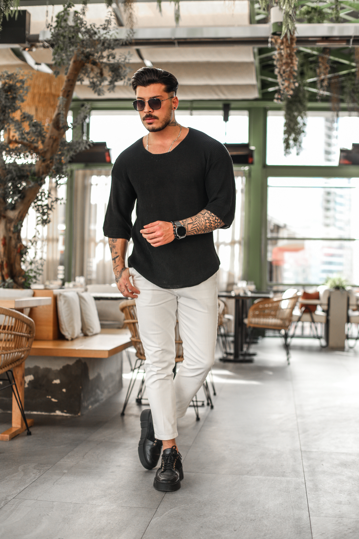 Açık Yaka Oversize Triko Tshirt Siyah