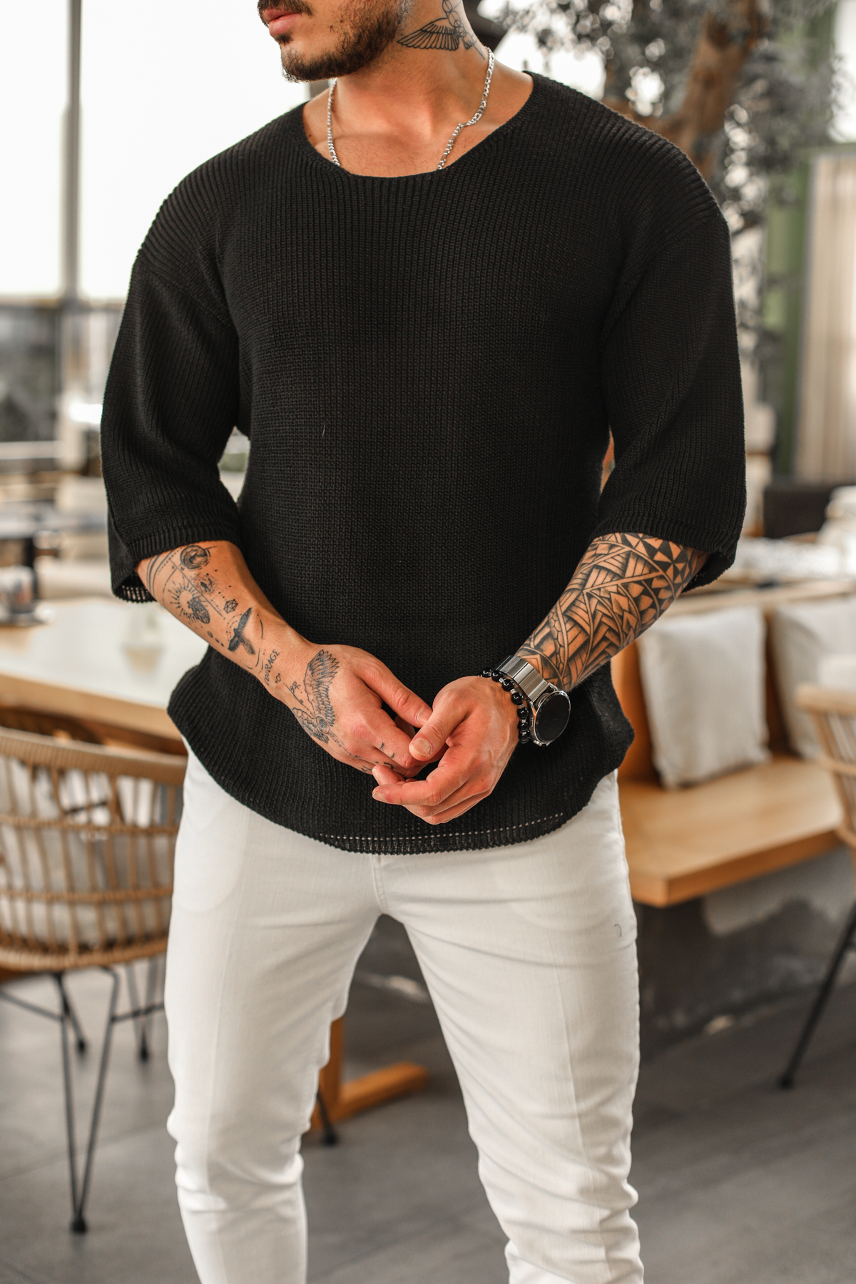 Açık Yaka Oversize Triko Tshirt Siyah