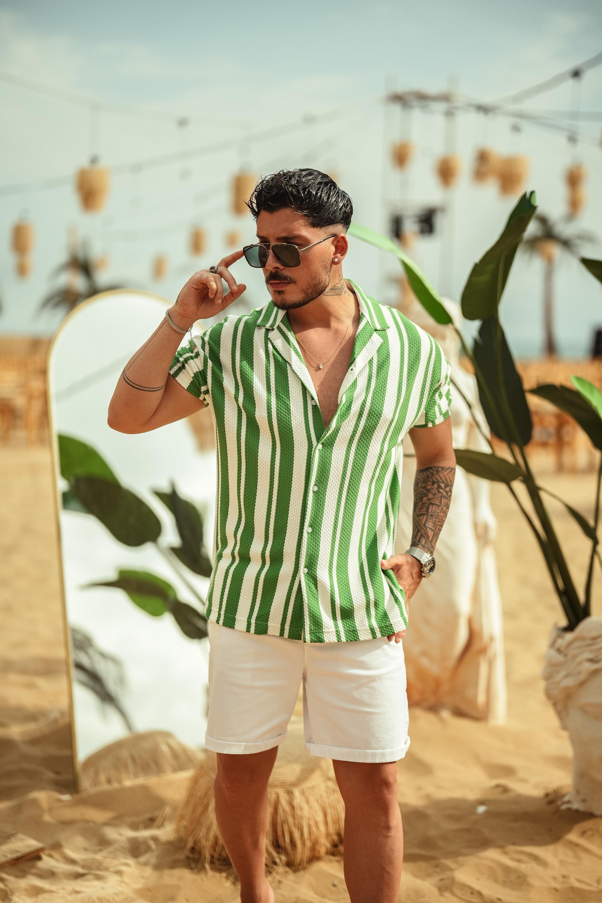 Apaş Yaka Renkli Örme Oversize Kısa Kol Gömlek Yeşil