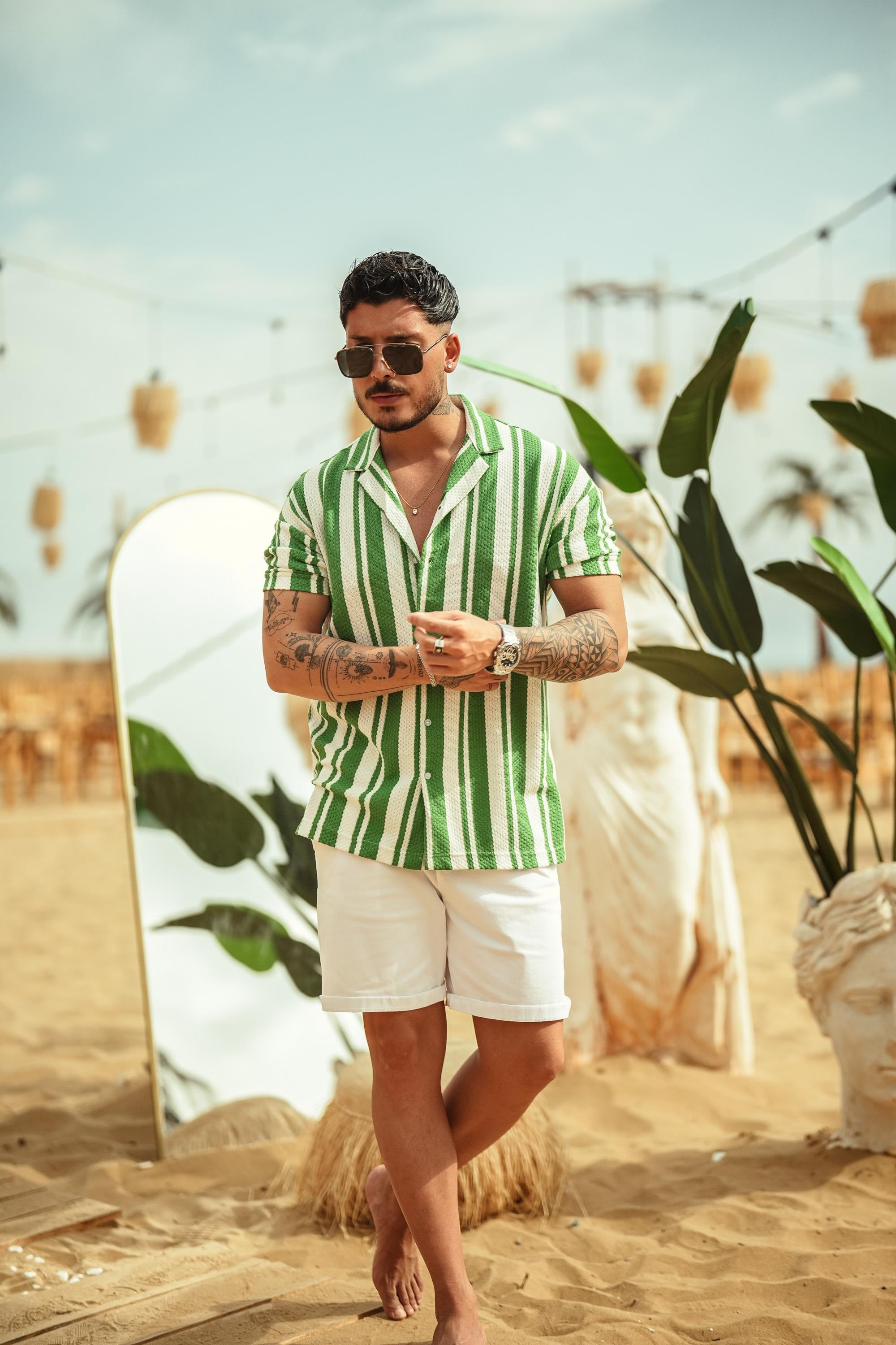 Apaş Yaka Renkli Örme Oversize Kısa Kol Gömlek Yeşil