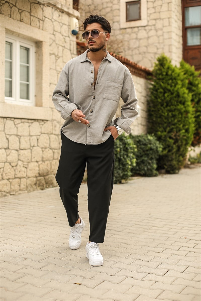 Arka Pileli Keten Oversize Gömlek