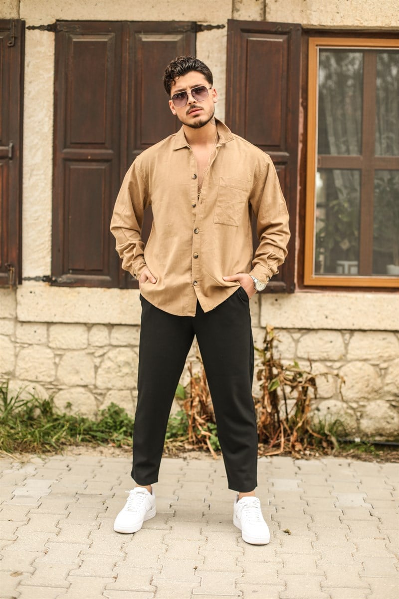 Arka Pileli Keten Oversize Gömlek