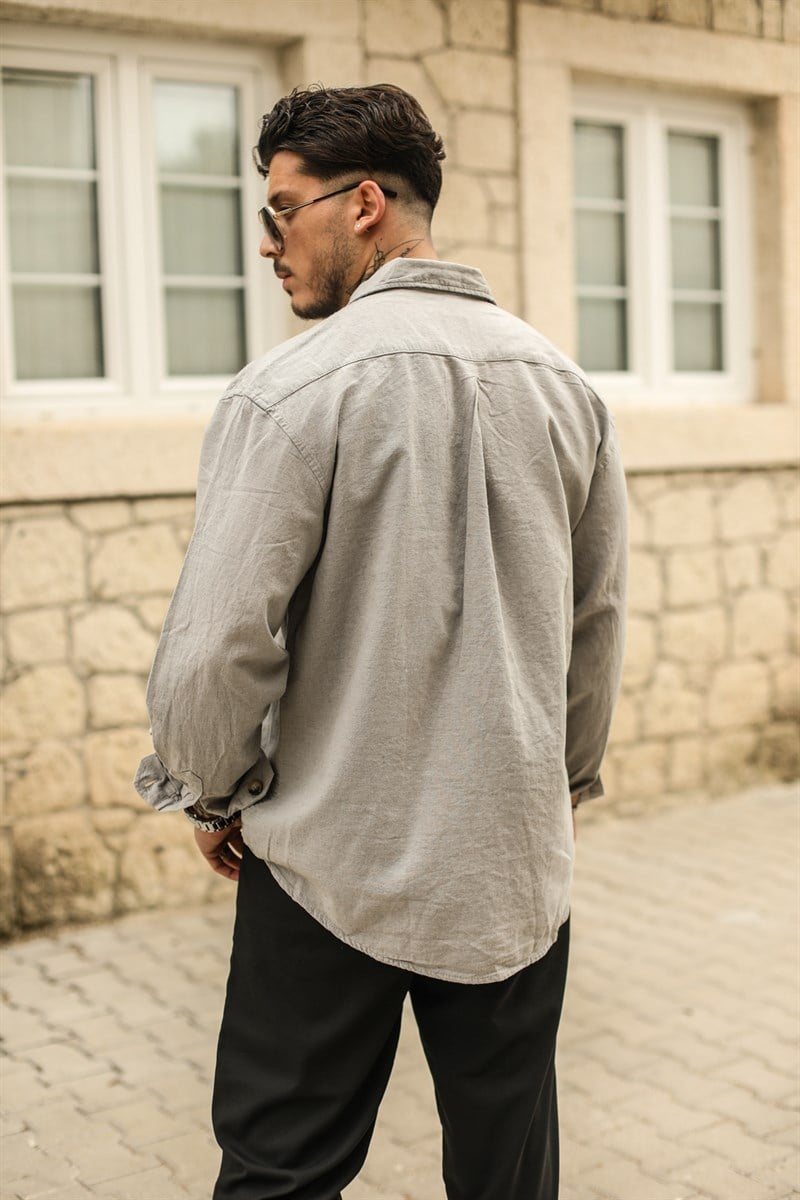 Arka Pileli Keten Oversize Gömlek