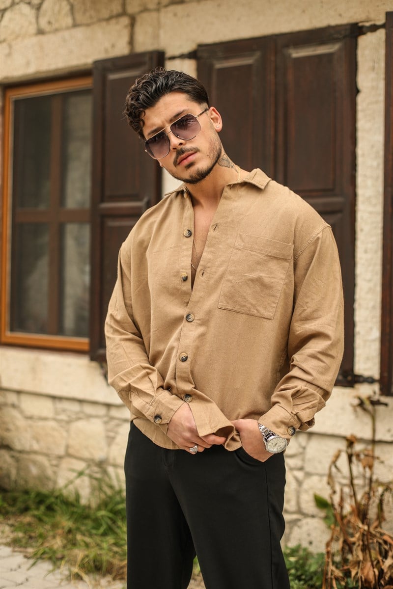 Arka Pileli Keten Oversize Gömlek