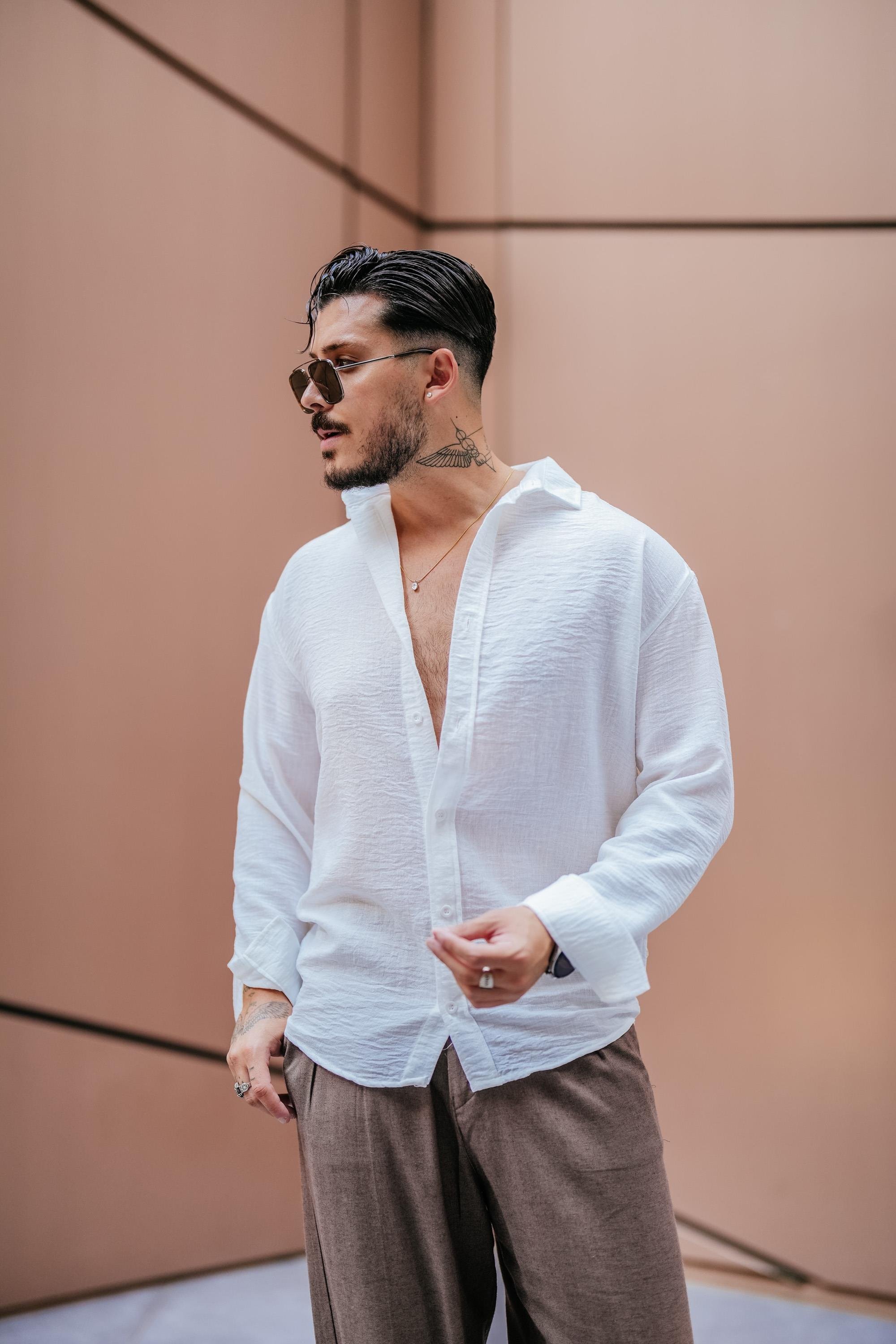 Arka Pileli Oversize Keten Gömlek Beyaz