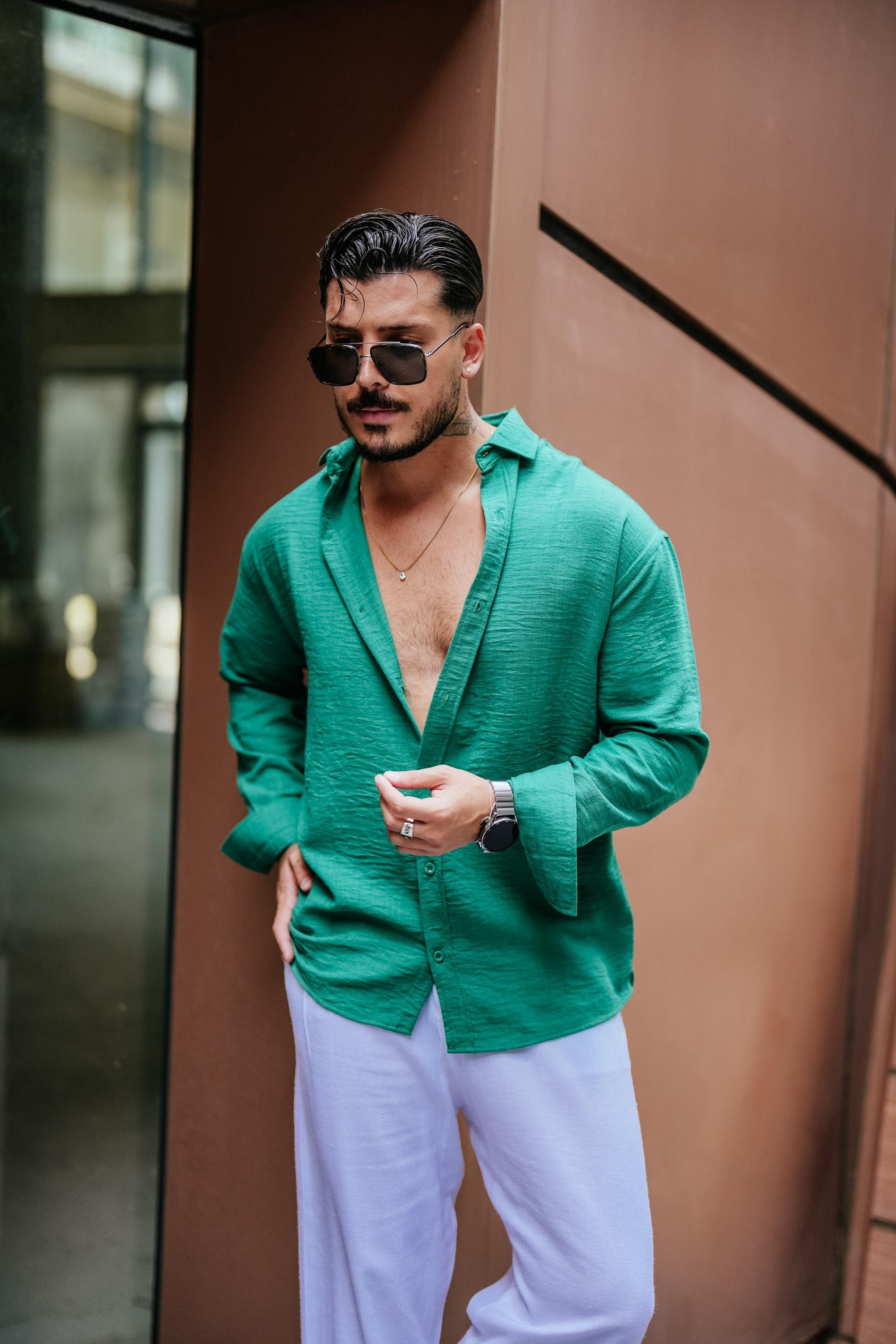 Arka Pileli Oversize Keten Gömlek Koyu Yeşil