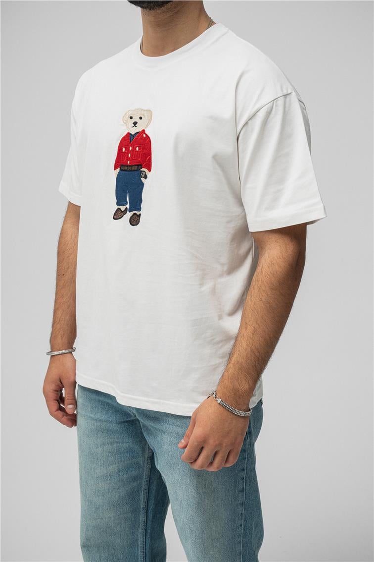 Ayı Baskılı Oversize T-Shirt Beyaz