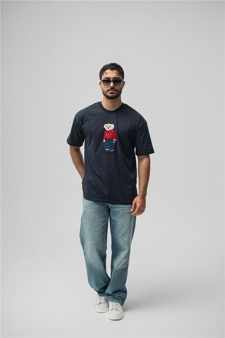 Ayı Baskılı Oversize T-Shirt Lacivert