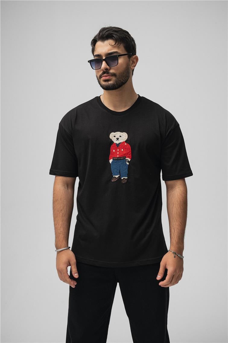 Ayı Baskılı Oversize T-Shirt Siyah