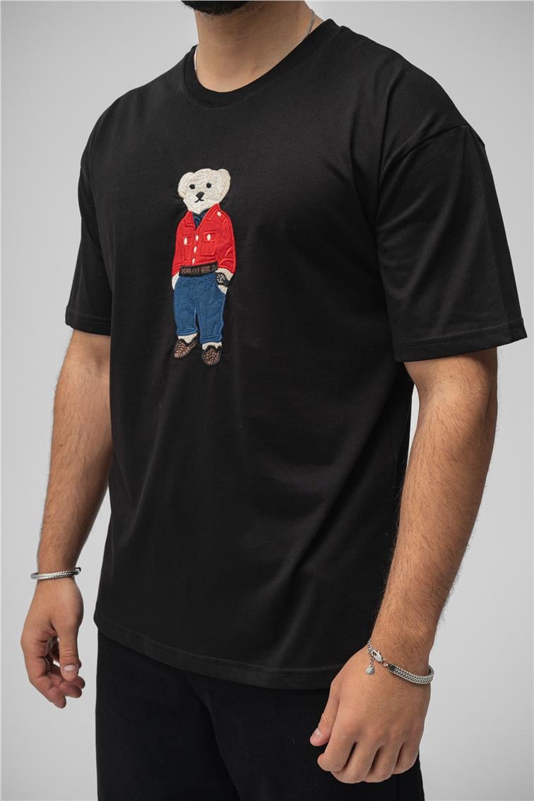 Ayı Baskılı Oversize T-Shirt Siyah