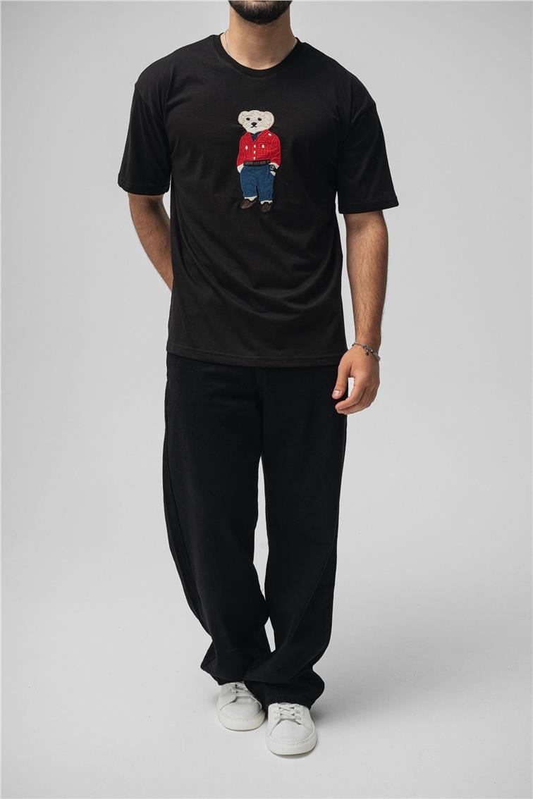 Ayı Baskılı Oversize T-Shirt Siyah
