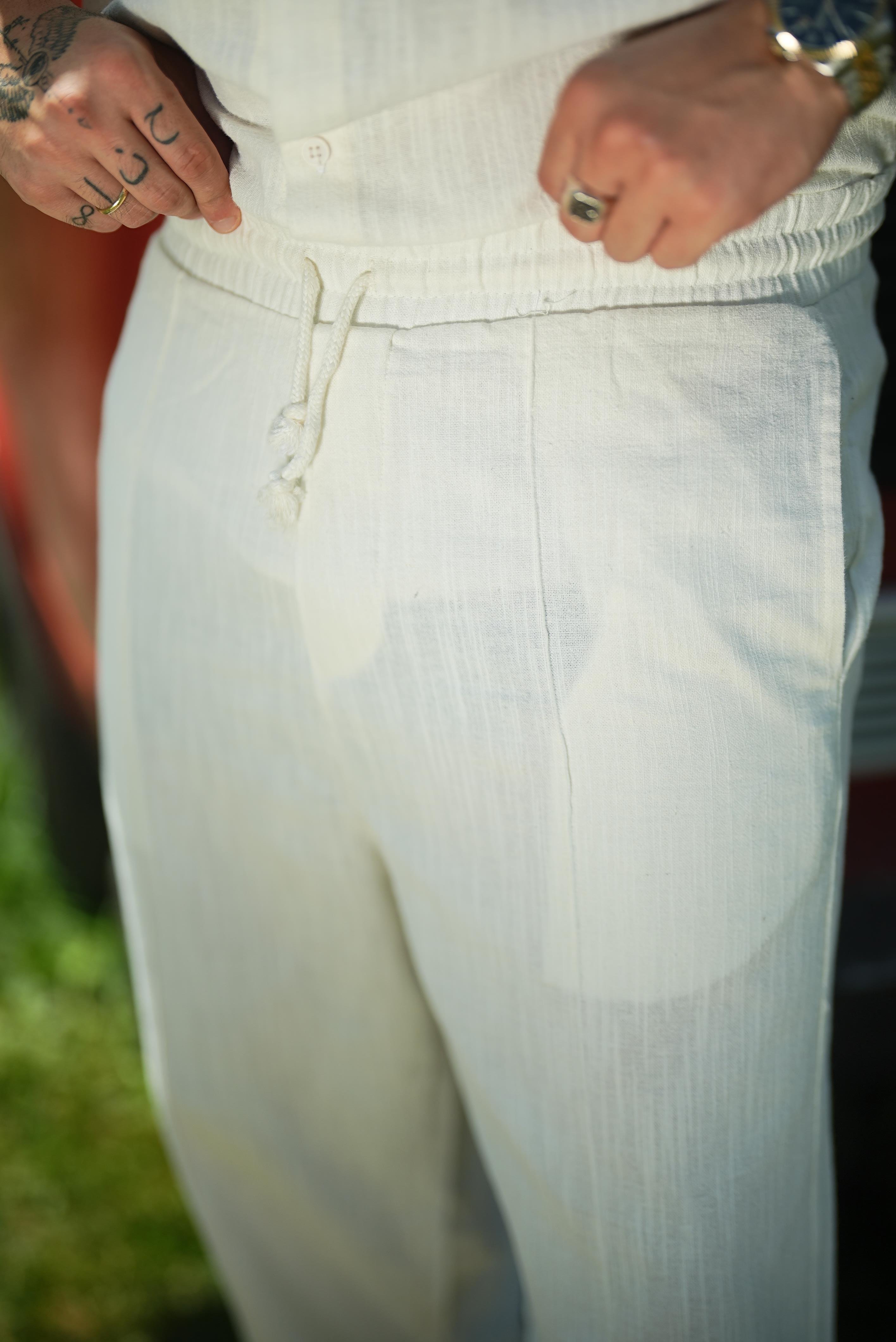 Baggy Keten Bol Pantolon Beyaz