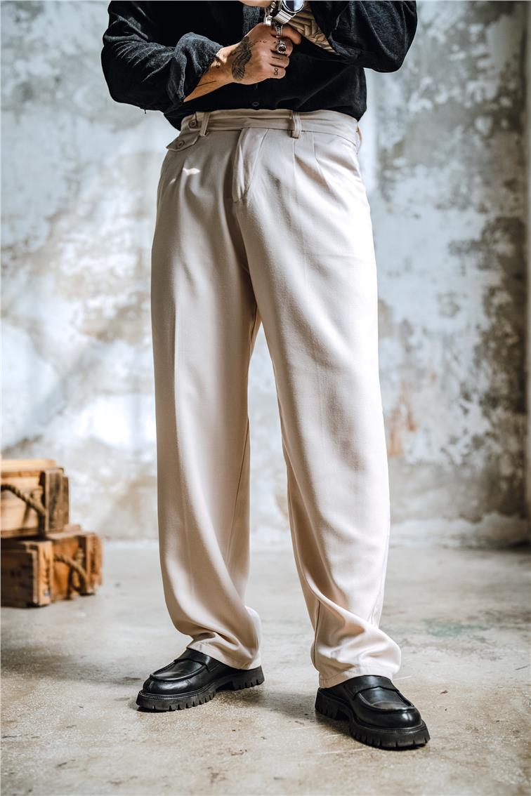 Baggy Pileli Rahat Klasik Pantolon Bej