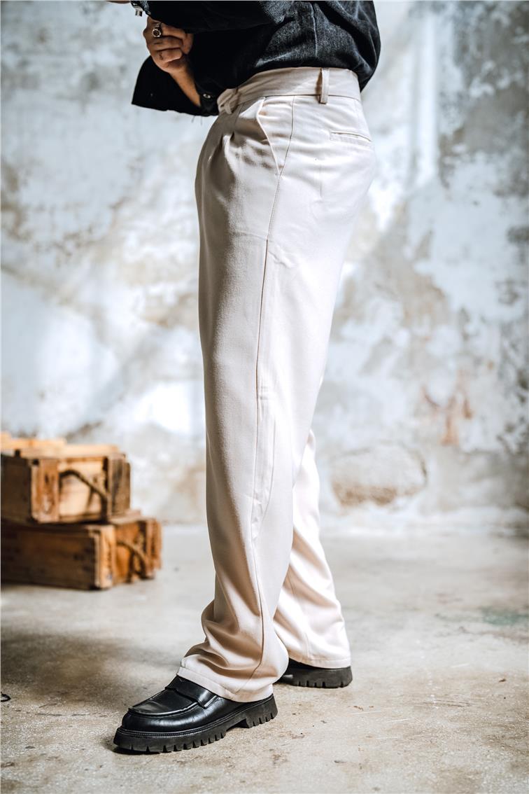 Baggy Pileli Rahat Klasik Pantolon Bej