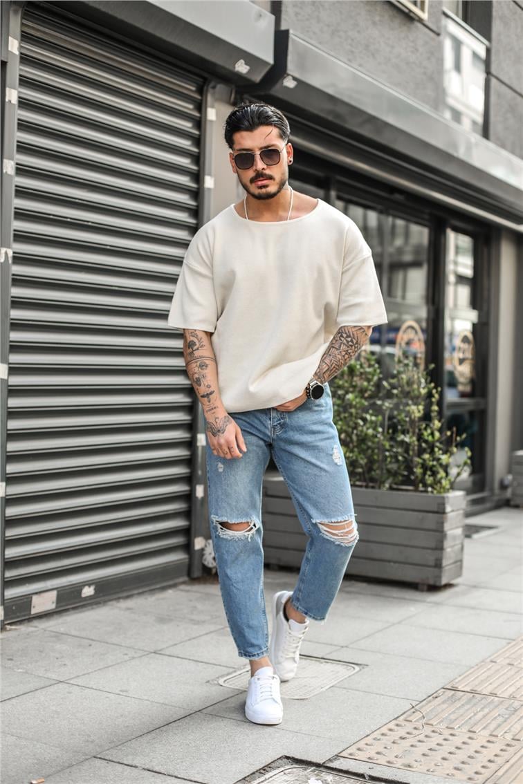 Basic Açık Yaka Oversize T-Shirt Krem