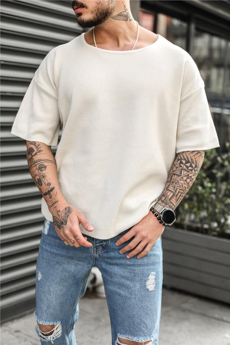 Basic Açık Yaka Oversize T-Shirt Krem